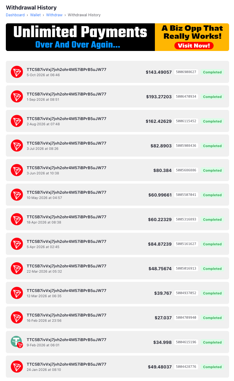 Massifly withdrawal history showing completed payouts since January 2026